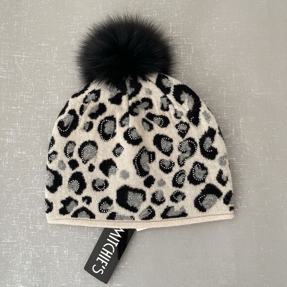 Mitchie's Animal Print Crystal 100% Wool Beanie Winter Hat Fox Fur Pom Pom OS - Picture 1 of 9